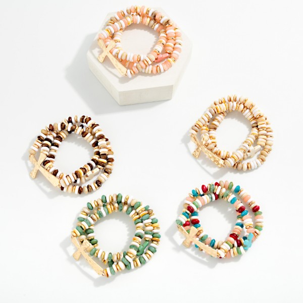 Set Of Three Stone Disk Bead Beaded Stretch Bracelets With Hammered Metal East West Cross 

- Approximately 3" D