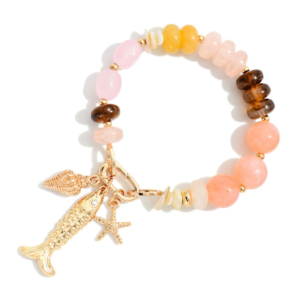 Marbled Acetate & Stone Beaded Bracelet Featuring Beach Charms 

- Approximately 2.75" D