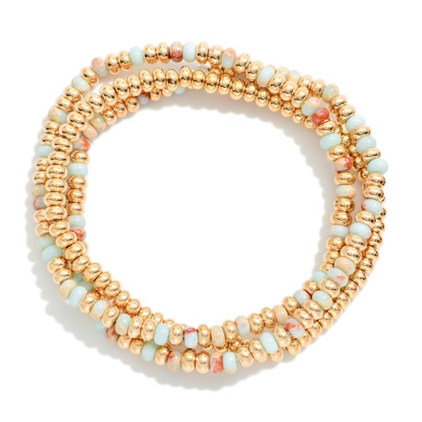 Set OF Three Beaded Stretch Bracelets Featuring Metal Tones & Stone Beads 

- Approximately 2.5" D