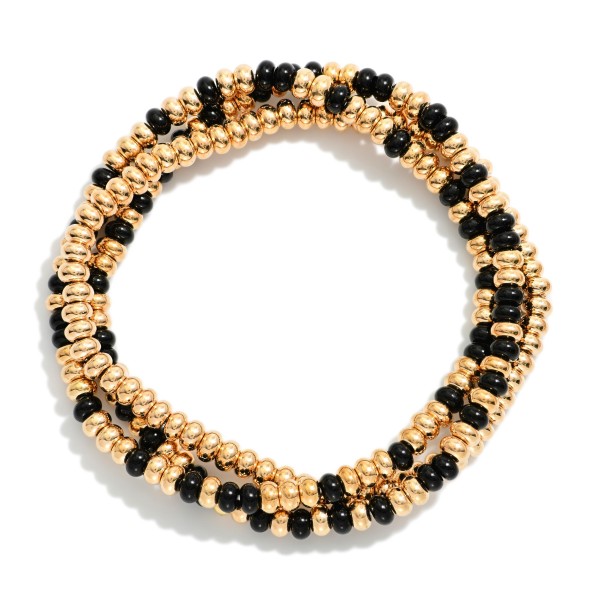 Set OF Three Beaded Stretch Bracelets Featuring Metal Tones & Stone Beads 

- Approximately 2.5" D