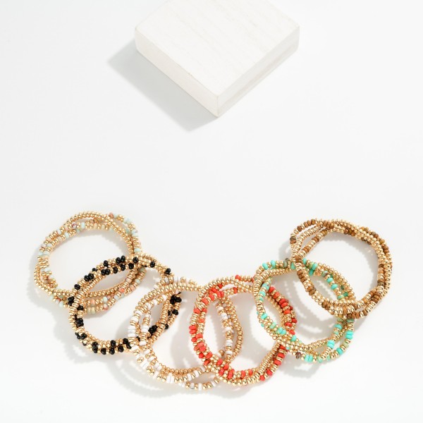 Set OF Three Beaded Stretch Bracelets Featuring Metal Tones & Stone Beads 

- Approximately 2.5" D