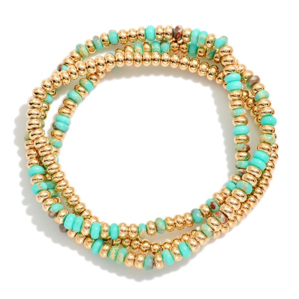 Set OF Three Beaded Stretch Bracelets Featuring Metal Tones & Stone Beads 

- Approximately 2.5" D