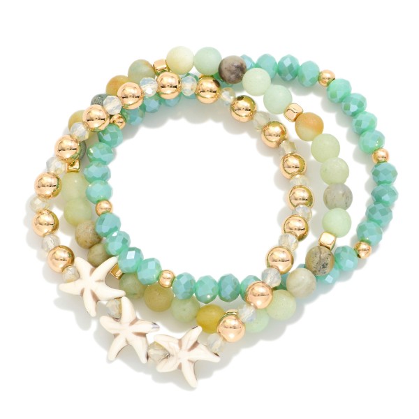 Set Of Three Beaded Stretch Bracelets Featuring Stone Faceted Beads, & Starfish

- Approximately 2.5" D