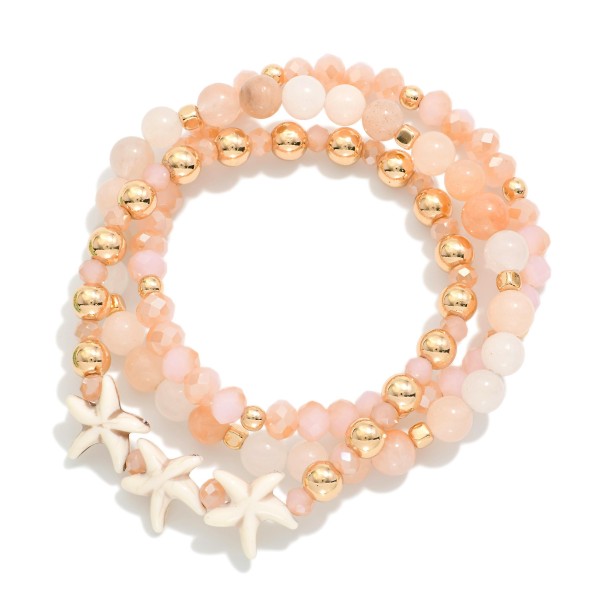 Set Of Three Beaded Stretch Bracelets Featuring Stone Faceted Beads, & Starfish

- Approximately 2.5" D