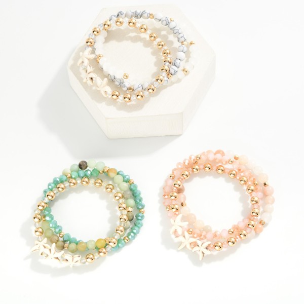 Set Of Three Beaded Stretch Bracelets Featuring Stone Faceted Beads, & Starfish

- Approximately 2.5" D