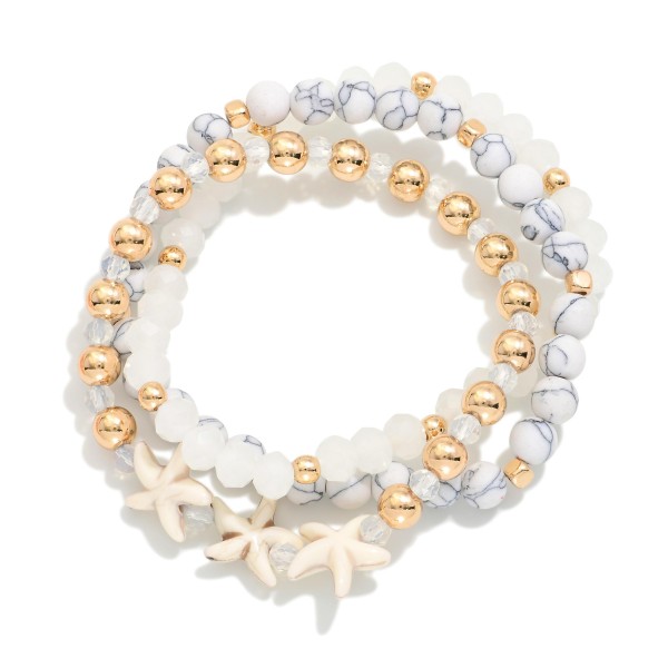 Set Of Three Beaded Stretch Bracelets Featuring Stone Faceted Beads, & Starfish

- Approximately 2.5" D