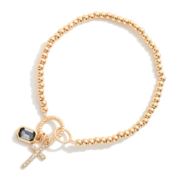 Metal Tone Beaded Stretch Bracelet Featuring Cross & Rhinestone Charms 

- Approximately 2.5" D