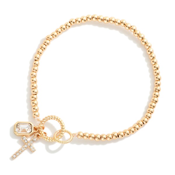 Metal Tone Beaded Stretch Bracelet Featuring Cross & Rhinestone Charms 

- Approximately 2.5" D