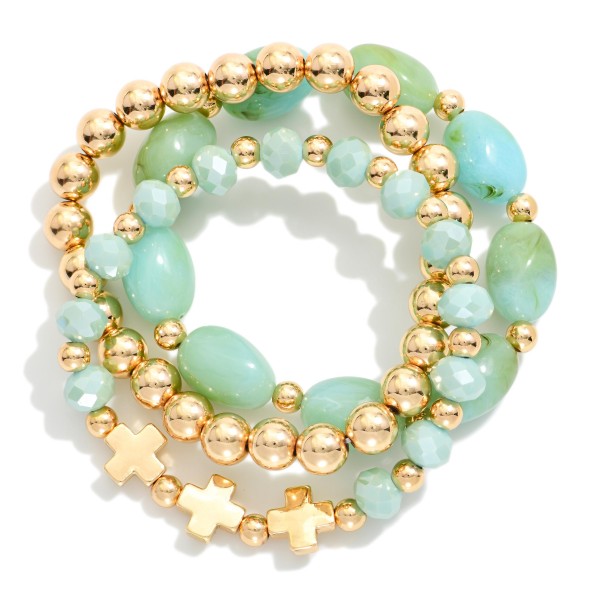 Set Of Three Beaded Stretch Bracelet Featuring Gold Tone & Stone Beads 

- Approximately 2.5" D  