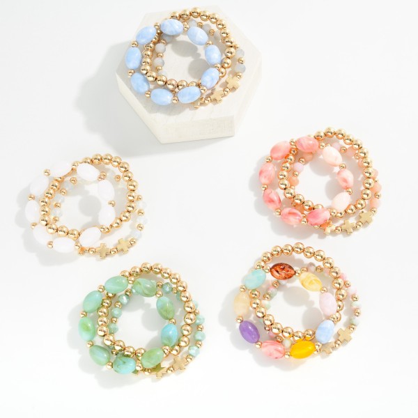 Set Of Three Beaded Stretch Bracelet Featuring Gold Tone & Stone Beads 

- Approximately 2.5" D  