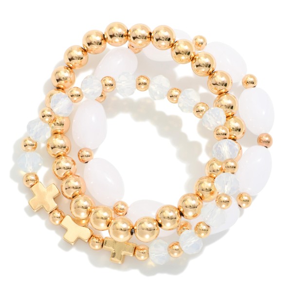 Set Of Three Beaded Stretch Bracelet Featuring Gold Tone & Stone Beads 

- Approximately 2.5" D  
