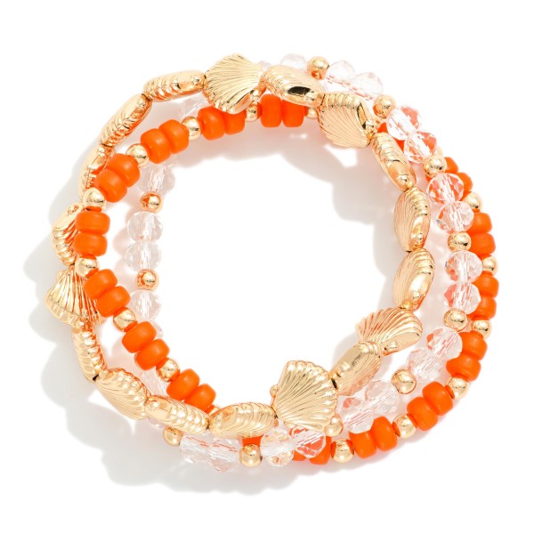 Set Of Three Beaded Stretch Bracelet Featuring Faceted Glass Beads & Gold Tones 

- Approximately 2.5" D 