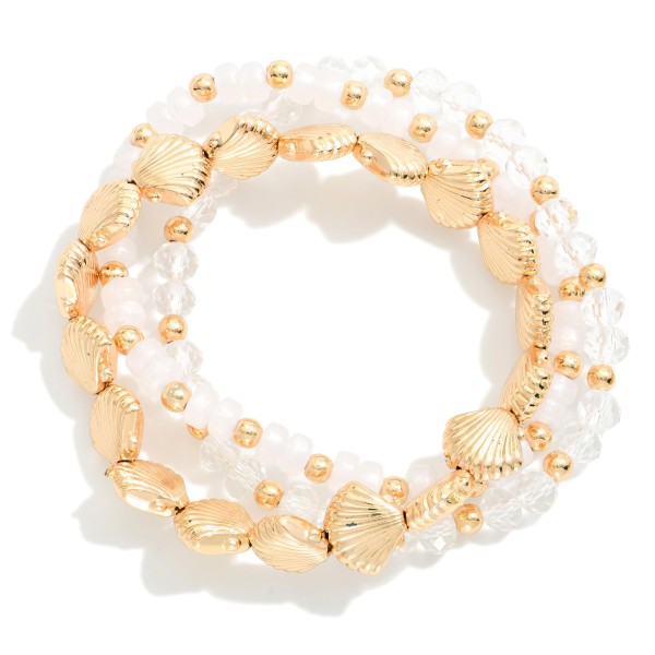 Set Of Three Beaded Stretch Bracelet Featuring Faceted Glass Beads & Gold Tones 

- Approximately 2.5" D 