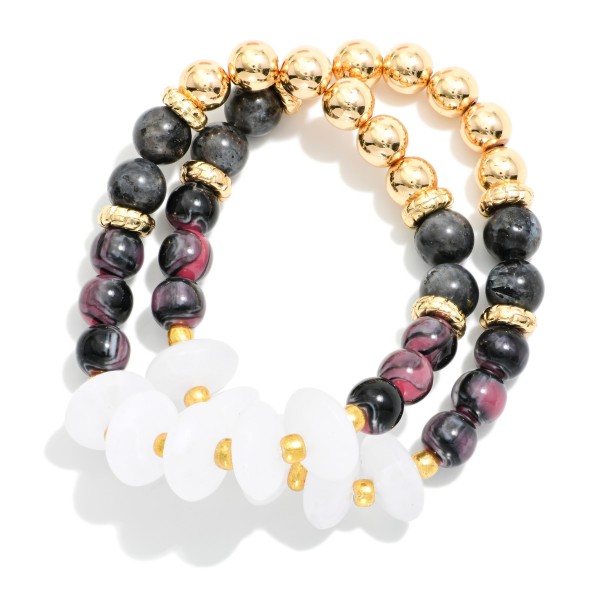 Set Of Two Beaded Stretch Bracelet Featuring Metal Tones & Marble Beads  

- Approximately 2.5" D 