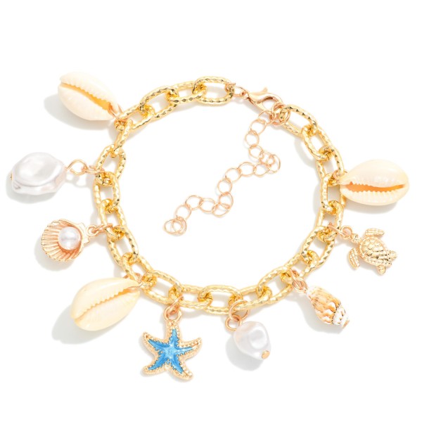 Chain Link Charm Bracelet Featuring Beach Charms & Pearls 

- Approximately 3" D
- Extender 2" L 