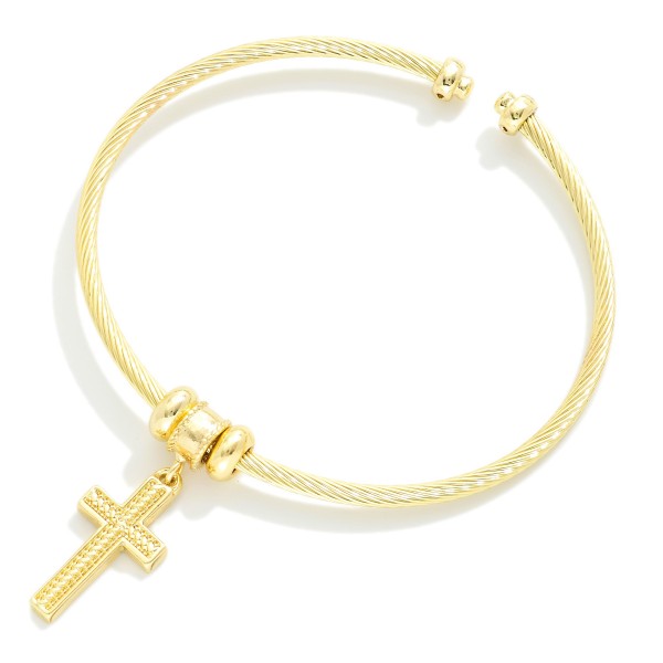 Twisted Metal Cuff Bracelet Featuring Rhinestone Cross Charm 

- Approximately 2.5" D