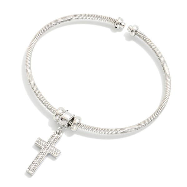 Twisted Metal Cuff Bracelet Featuring Rhinestone Cross Charm 

- Approximately 2.5" D