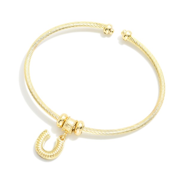 Twisted Metal Cuff Bracelet Featuring Rhinestone Horseshoe Charm

- Approximately 2.5" D 