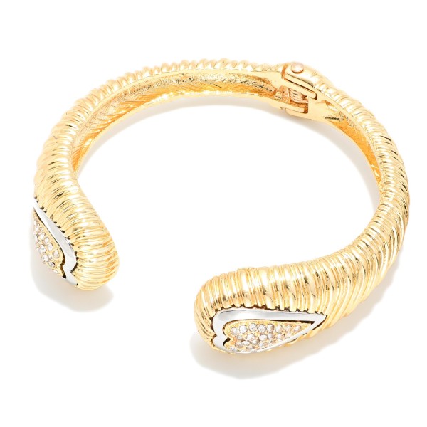 Ribbed Tapered Cuff Bracelet Featuring Rhinestone Heart Details

- Approximately 2.5" D