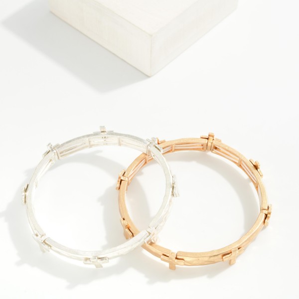 Hammered Metal Bangle Stretch Bracelet Featuring Plus Crosses

- Approximately 2.5" D