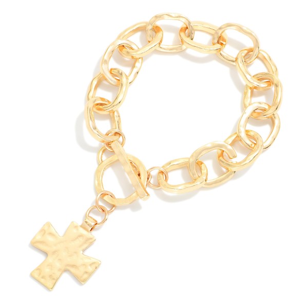 Hammered Metal Chain Link Bracelet With Plus Cross Charm & Toggle Clasp 

- Approximately 3" D