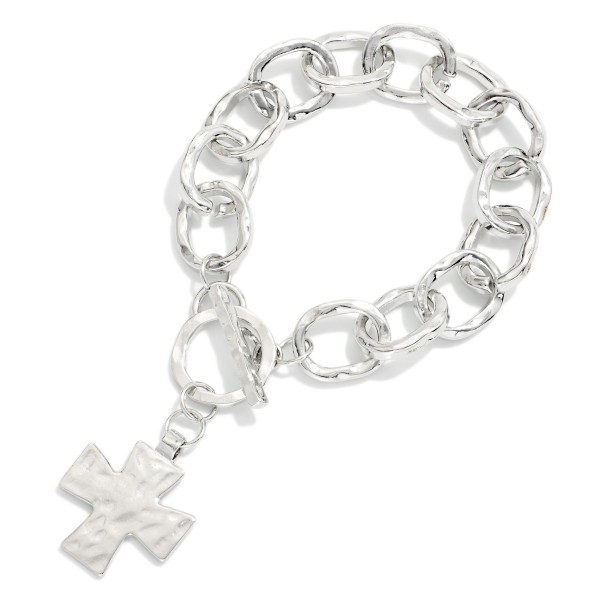 Hammered Metal Chain Link Bracelet With Plus Cross Charm & Toggle Clasp 

- Approximately 3" D