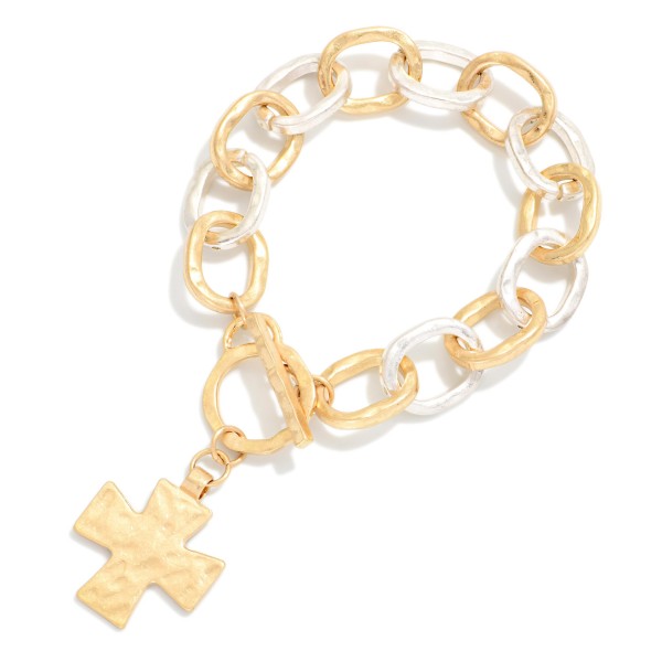 Hammered Metal Chain Link Bracelet With Plus Cross Charm & Toggle Clasp 

- Approximately 3" D