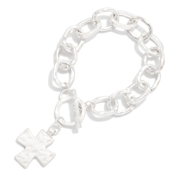 Hammered Metal Chain Link Bracelet With Plus Cross Charm & Toggle Clasp 

- Approximately 3" D