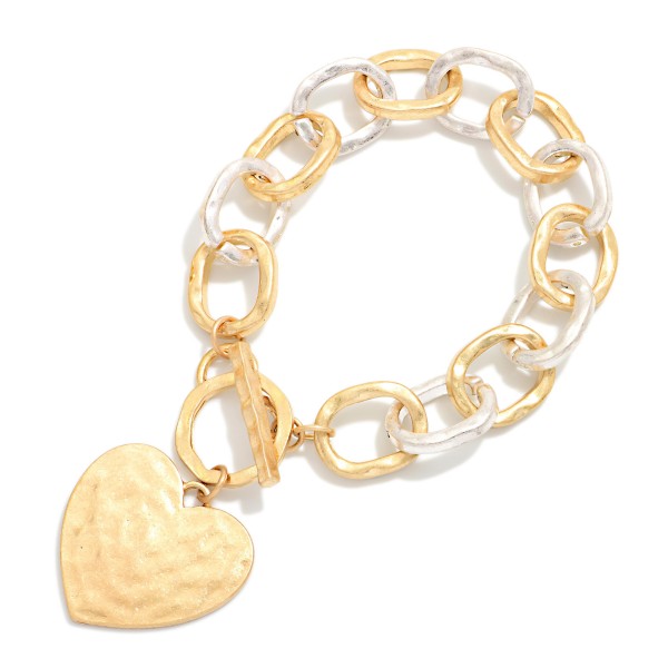 Hammered Metal Chain Link Bracelet With Heart Charm & Toggle Clasp 

- Approximately 3" D