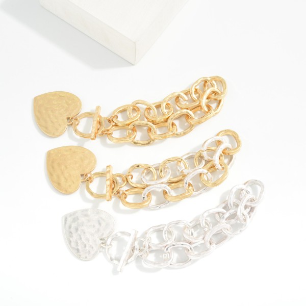 Hammered Metal Chain Link Bracelet With Heart Charm & Toggle Clasp 

- Approximately 3" D