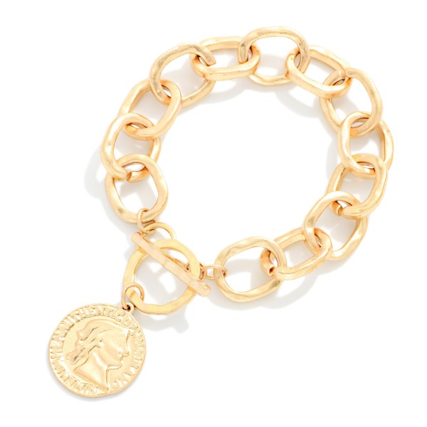 Hammered Metal Chain Link Bracelet Featuring Metal Tone Coin Charm & Toggle Clasp 

- Approximately 3" D