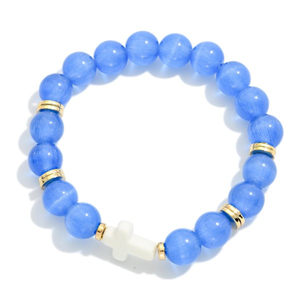 Marble Bead & Gold Disk Beaded Stretch Bracelet featuring Plus Cross Detail 

- Approximately 2.5" D