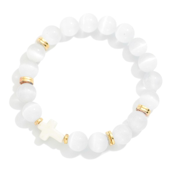 Marble Bead & Gold Disk Beaded Stretch Bracelet featuring Plus Cross Detail 

- Approximately 2.5" D