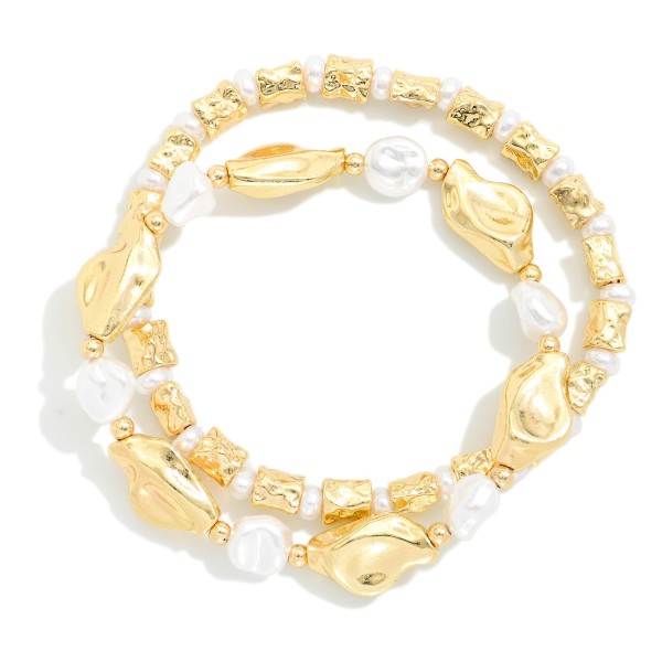 Set Of Two Metal Tone & Pearl Beaded Stretch Bracelets 

- Approximately 2.5" D 