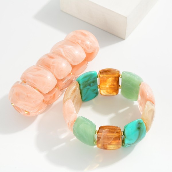 Marbled Acetate Half Oval Beaded Stretch Bracelet 

- Approximately 2.5" D  