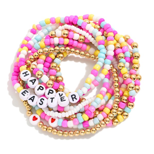 Set Of Ten Beaded Stretch Bracelets Featuring "Happy Easter" Beads 

- Approximately 2.5" D