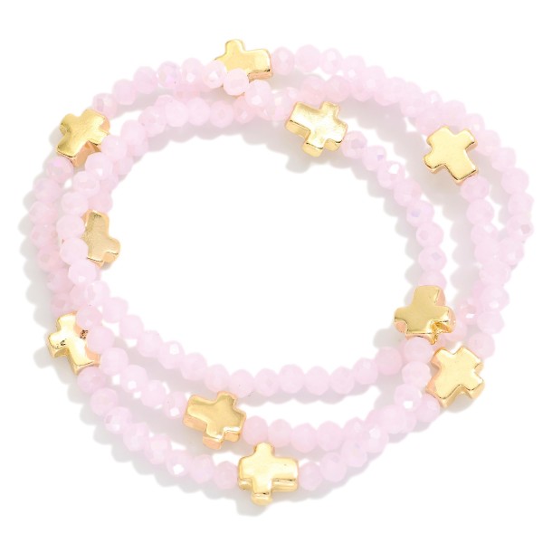 Set Of Three Faceted Bead Stretch Bracelets Featuring Metal Tone Cross Stations 

- Approximately 2.5" D