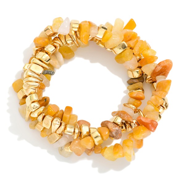 Set Of Three Beaded Stretch Bracelets Featuring Stone & Metal Tones 

- Approximately 3" D