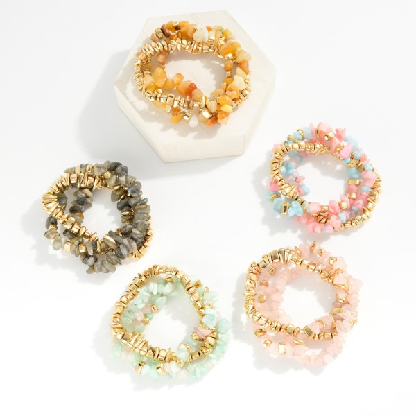 Set Of Three Beaded Stretch Bracelets Featuring Stone & Metal Tones 

- Approximately 3" D