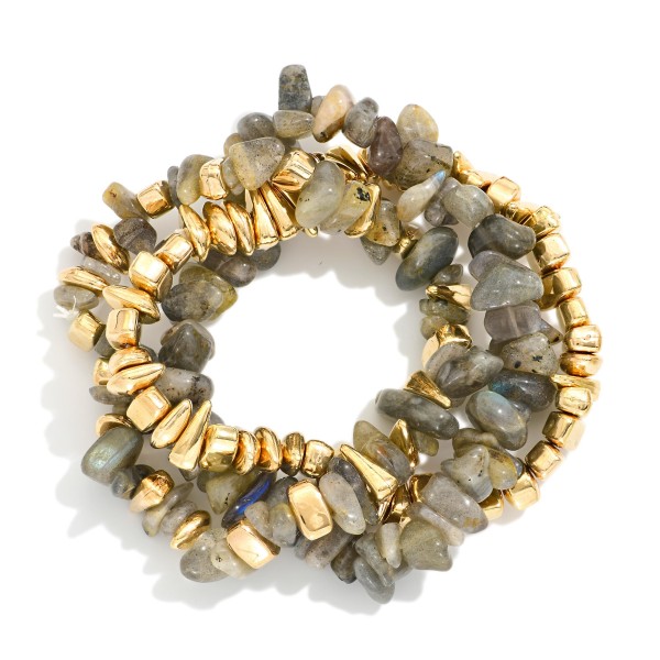 Set Of Three Beaded Stretch Bracelets Featuring Stone & Metal Tones 

- Approximately 3" D