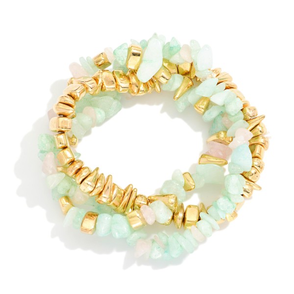 Set Of Three Beaded Stretch Bracelets Featuring Stone & Metal Tones 

- Approximately 3" D