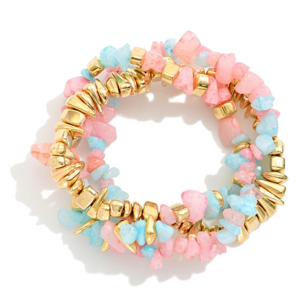 Set Of Three Beaded Stretch Bracelets Featuring Stone & Metal Tones 

- Approximately 3" D