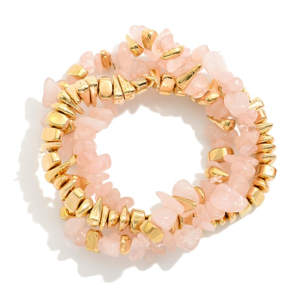 Set Of Three Beaded Stretch Bracelets Featuring Stone & Metal Tones 

- Approximately 3" D
