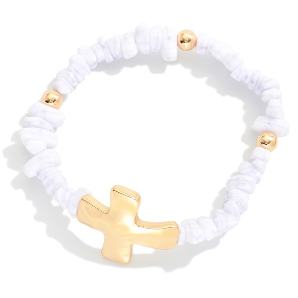 Stone Beaded Stretch Bracelet Featuring Hammered Metal Plus Cross Detail 

- Approximately 2.5" D