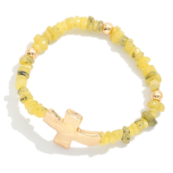 Stone Beaded Stretch Bracelet Featuring Hammered Metal Plus Cross Detail 

- Approximately 2.5" D