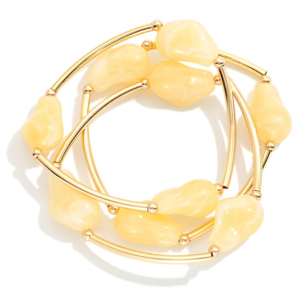 Set Of Three Beaded Stretch Bracelets Featuring Chunky Acetate Beads & Metal Tubes 

- Approximately 3" D