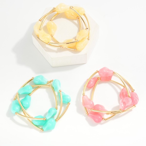 Set Of Three Beaded Stretch Bracelets Featuring Chunky Acetate Beads & Metal Tubes 

- Approximately 3" D