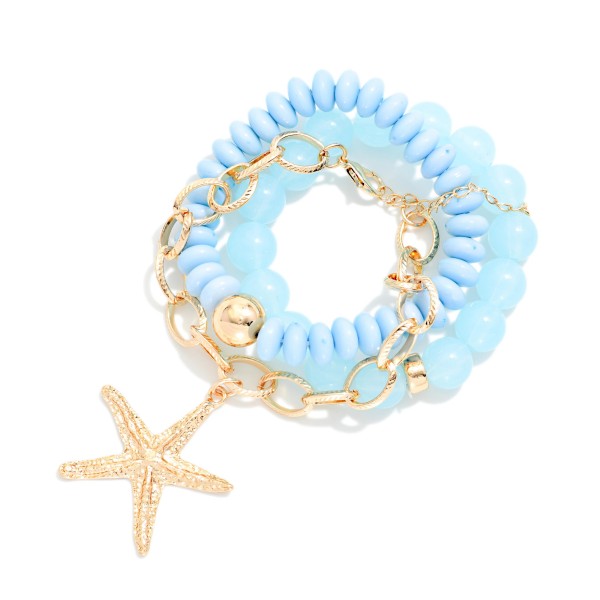 Set Of 3 Acetate Bead & Chain Link Bracelets Featuring Starfish Charm 

- Approximately 2.5" D
