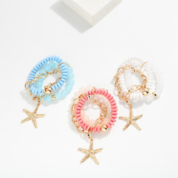 Set Of 3 Acetate Bead & Chain Link Bracelets Featuring Starfish Charm 

- Approximately 2.5" D

