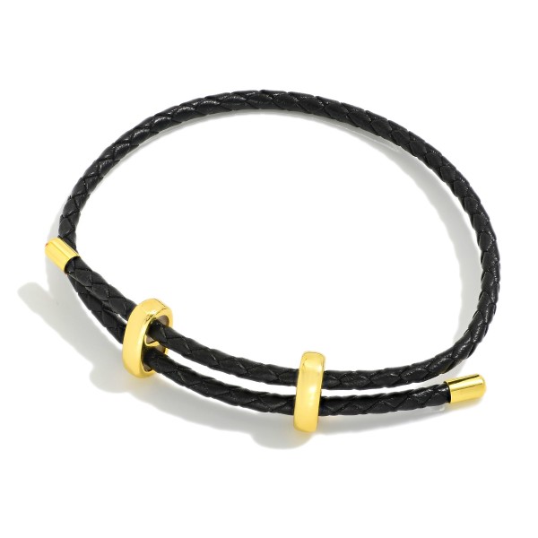 Woven Leather Adjustable Bracelet With Gold Tone Accents 

- Approximately 2.5" D